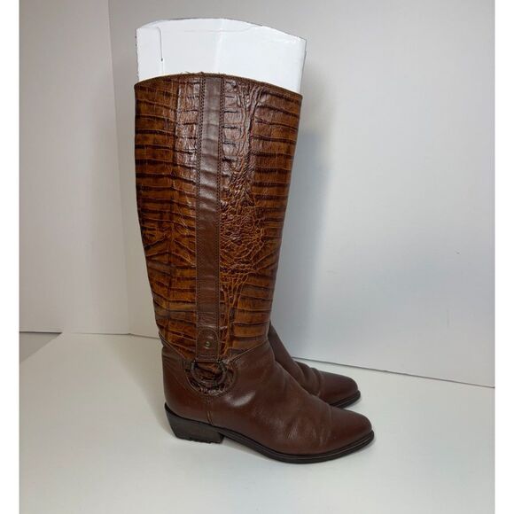 Vintage Bandolino Italian Leather Croc Embossed Knee High Riding Boots Designer - Picture 1 of 12